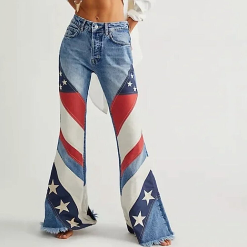 Free People Starry Flare Jeans in Blue and Red